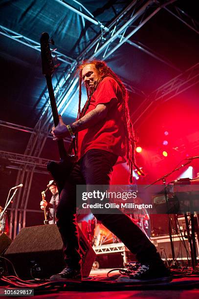 Jeremy Cunningham of The Levellers performs on stage on the first day of Wychwood Festival at Cheltenham Racecourse on June 4, 2010 in Cheltenham,...