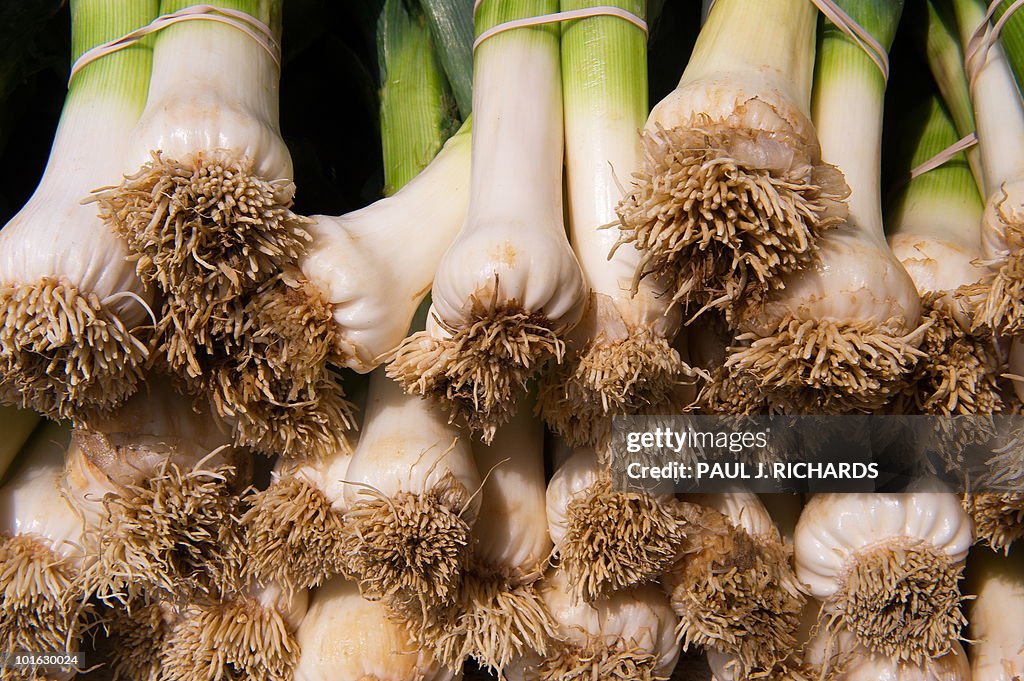 Green onions are seen for sale at a "far