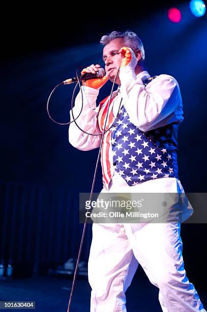 Biff of Tunnelmental Experimental Assembly perform on stage on the first day of Wychwood Festival at Cheltenham Racecourse on June 4, 2010 in...