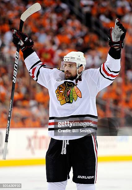 Patrick Sharp of the Chicago Blackhawks celebrates his first period goal in Game Four of the 2010 NHL Stanley Cup Finals against the Philadelphia...