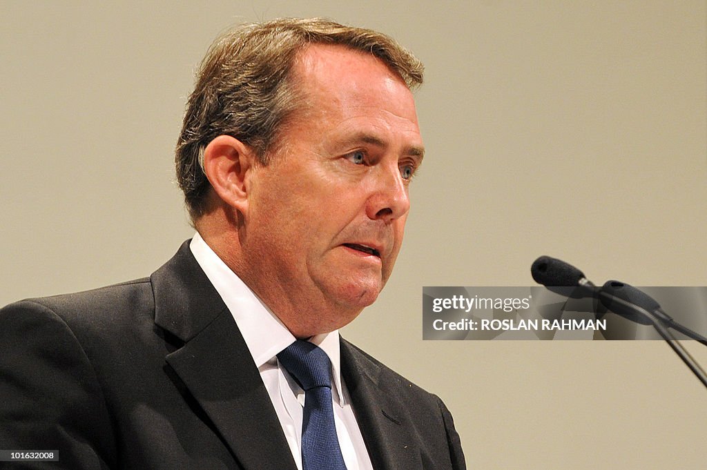 British Defence Minister Liam Fox speaks