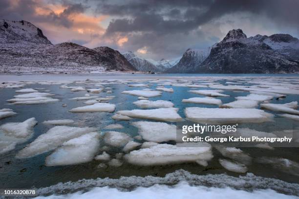 scenic view of fjord, å i lofoten, nordland, norway - broken ice stock pictures, royalty-free photos & images