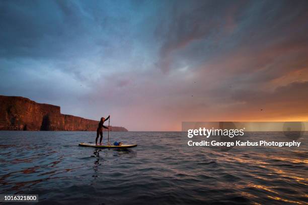 paddle boarder on water at sunset, cliffs of moher, doolin, clare, ireland - beautiful irish person stockfoto's en -beelden