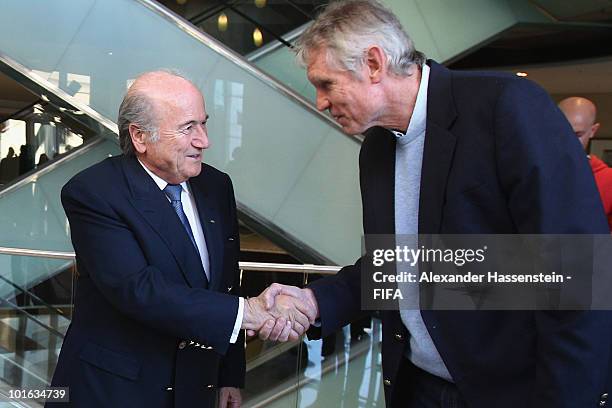 President Joseph S. Blatter talks to Bart Dorrestein, Chairman of Legacy Group, during opening of a new bridge building at 'The Michelangelo' hotel...