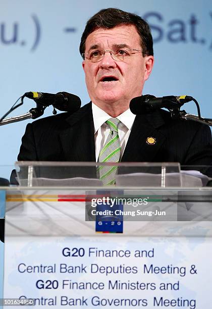 Canadian Finance Minister Jim Flaherty speaks during a press conference at the G-20 Financial Ministers and Central Governors meeting at Grand Hotel...