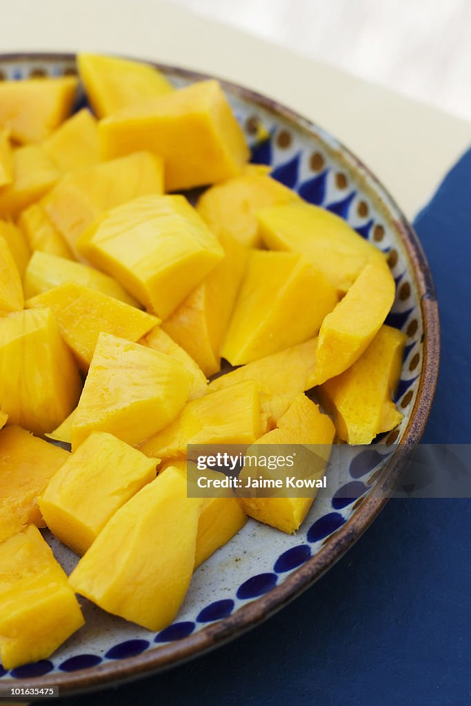 Sliced mango on a Mexican pottery plate