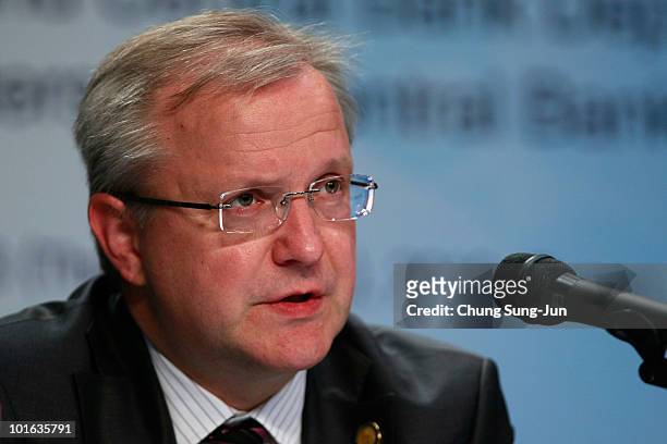 European Commissioner for Economic and Monetary Affairs Olli Rehn speaks during a press conference at the G-20 Financial Ministers and Central...