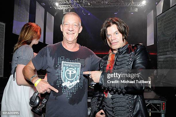 DJs Swedish Egil and Paul Oakenfold pose backstage at the "Concert For The Amazon" rain forest benefit, held at the Avalon nightclub on June 4, 2010...