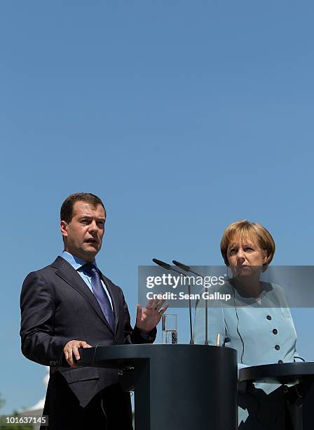 German Chancellor Angela Merkel and Russian President Dmitry Medvedev speak to the media following bilateral talks at Meseberg Palace on June 5, 2010...