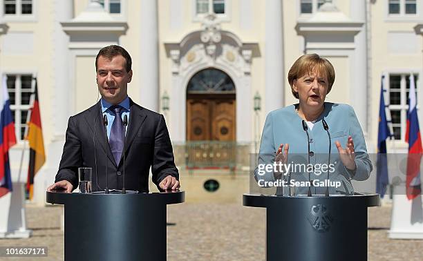 German Chancellor Angela Merkel and Russian President Dmitry Medvedev speak to the media following bilateral talks at Meseberg Palace on June 5, 2010...