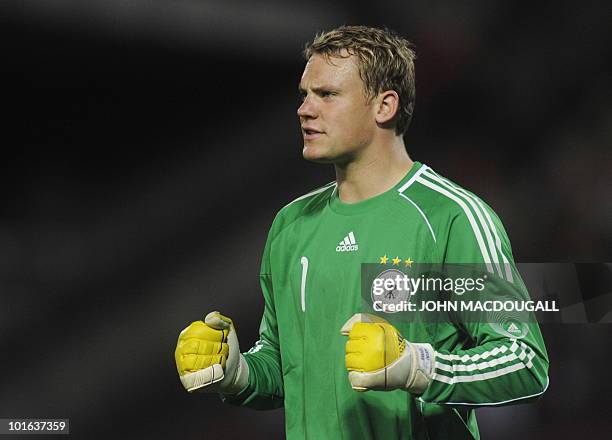 Germany's goalkeeper Manuel Neuer gestures during the International friendly football match Hungary vs Germany in the Hungarian capital Budapest on...