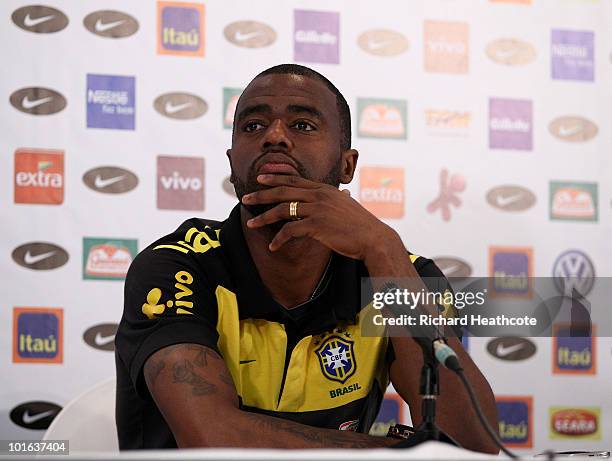 Grafite talks to the media during the Brazil team press conference at The Fairways Hotel on June 5, 2010 in Johannesburg, South Africa. The Brazil...