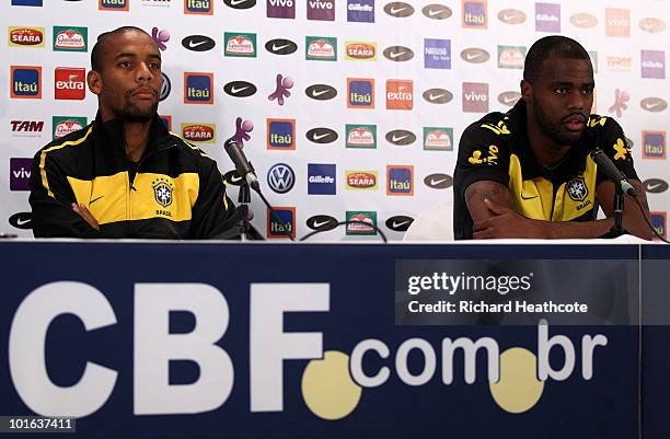 Maicon and Grafite talk to the media during the Brazil team press conference at The Fairways Hotel on June 5, 2010 in Johannesburg, South Africa. The...