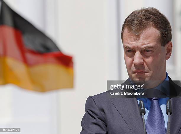 Dmitry Medvedev, Russia's president, pauses during his joint press conference with Angela Merkel, Germany's chancellor at Meseberg Castle in...