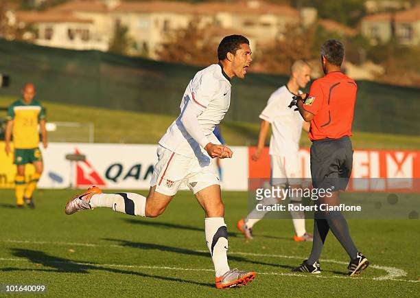 Herculez Gomez of the USA celebrates scoring his goal during the International Friendly between the Australian Socceroos and the USA at Ruimsig...