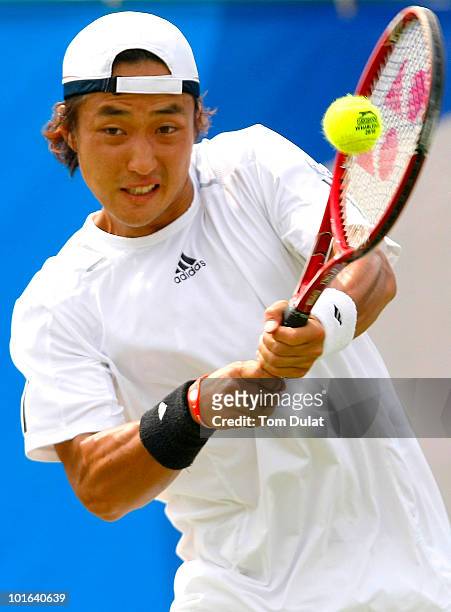 Go Soeda of Japan returns the ball during the men's singles semi final match between Andre Begemann of Germany and Go Soeda of Japan on day 6 of the...
