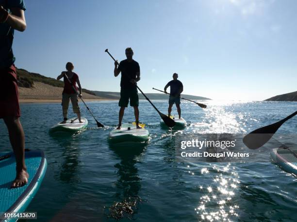 friends sup paddle boarding at sea in summer. - standup paddleboarding stock pictures, royalty-free photos & images