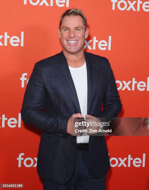 Shane Warne arrives ahead of the Foxtel Launch Event at Fox Studios on August 14, 2018 in Sydney, Australia.