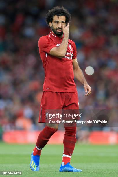 Mohamed Salah of Liverpool looks dejected during the pre-season friendly match between Liverpool and Torino at Anfield on August 7, 2018 in...
