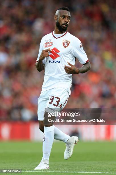 Nicolas Nkoulou of Torino looks on during the pre-season friendly match between Liverpool and Torino at Anfield on August 7, 2018 in Liverpool,...