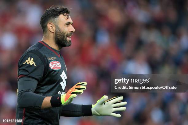 Torino goalkeeper Salvatore Sirigu gestures during the pre-season friendly match between Liverpool and Torino at Anfield on August 7, 2018 in...