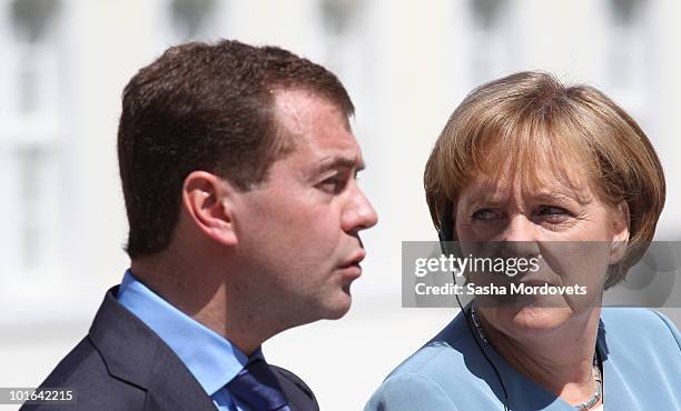 German Chancellor Angela Merkel and Russian President Dmitry Medvedev speak to the media following bilateral talks at Meseberg Palace on June 5, 2010...