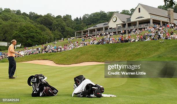 Marcel Siem of Germany acknowledges the crowd on the 18th green during the third round of the Celtic Manor Wales Open on The Twenty Ten Course on...