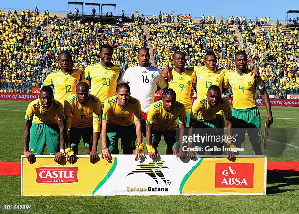 The South Africa team lines up for a team photograph before the International friendly match between South Africa and Denmark at the Super Stadium on...
