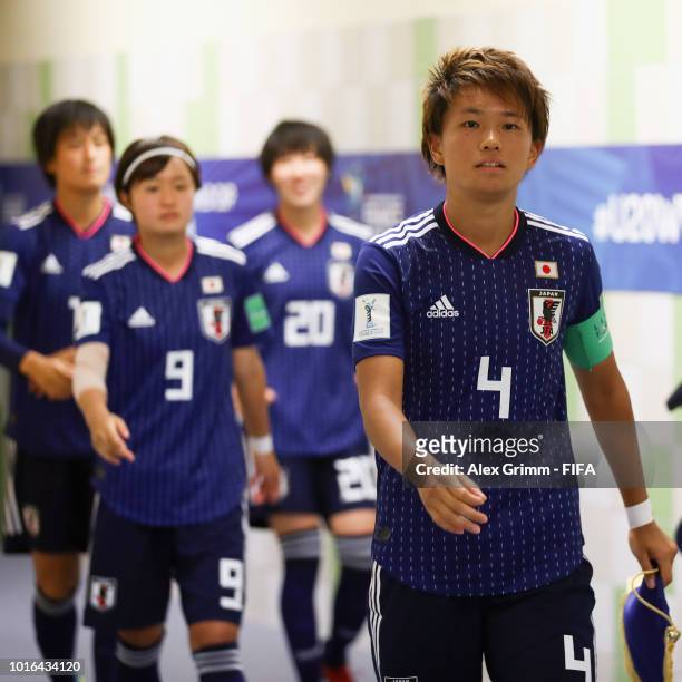 Team captain Moeka Minami and team mates of Japan walk in the tunnel prior to the FIFA U-20 Women's World Cup France 2018 group C match between Japan...
