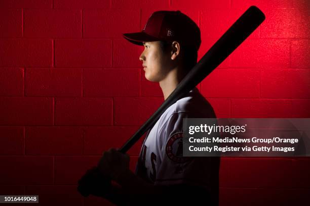 Angels' two-way player Shohei Ohtani poses during the annual Spring Training Photo Day at Tempe Diablo Stadium in Tempe on Thursday, Feb. 22, 2018.