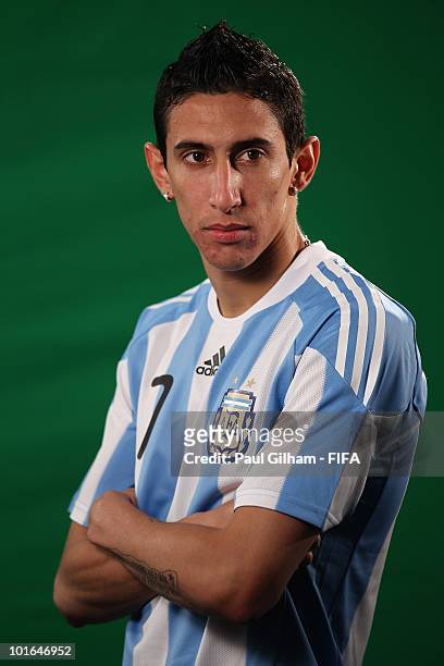 Angel Di Maria of Argentina poses during the official FIFA World Cup 2010 portrait session on June 5, 2010 in Pretoria, South Africa.