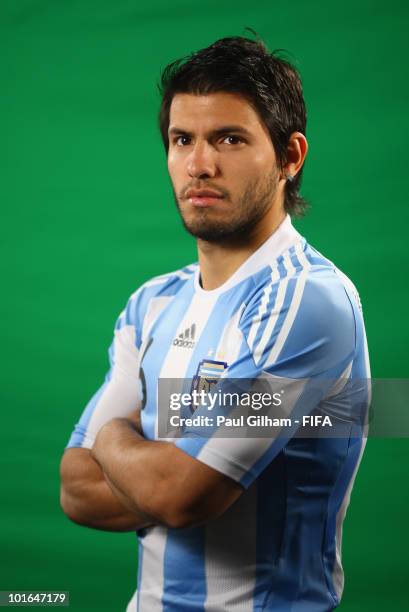 Sergio Aguero of Argentina poses during the official FIFA World Cup 2010 portrait session on June 5, 2010 in Pretoria, South Africa.