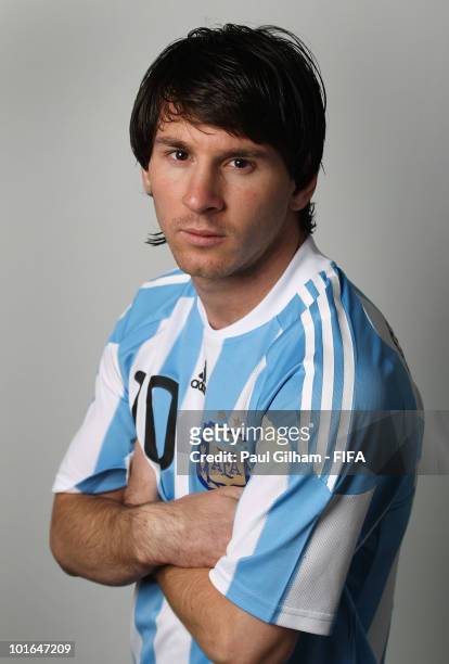Lionel Messi of Argentina poses during the official FIFA World Cup 2010 portrait session on June 5, 2010 in Pretoria, South Africa.