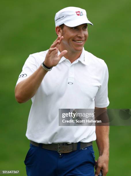 Ricky Barnes smiles after making birdie on the 15th hole during the third round of the Memorial Tournament presented by Morgan Stanley at Muirfield...