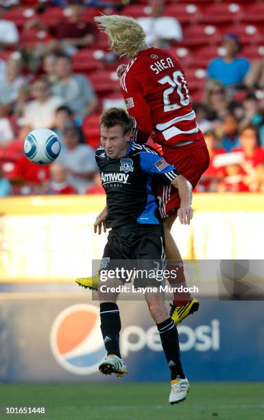 Brek Shea of FC Dallas fights for a header against Chris Leitch of the San Jose Earthquake at Pizza Hut Park on June 5, 2010 in Frisco, Texas.