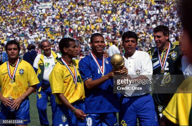 Cafu, Ronaldo and Zetti of Brazil during the 1994 FIFA World Cup final match between Brazil and Italy at Rose Bowl on July 17, 1994 in Los Angeles...