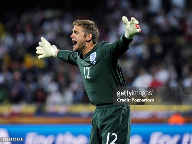 England goalkeeper Robert Green reacts during the 2010 FIFA World Cup Group C match between England and USA at the Royal Bafokeng Stadium in...