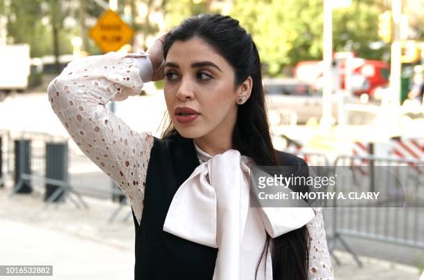 Emma Coronel Aispuro, wife of accused Mexican drug lord Joaquin "El Chapo" Guzman, arrives for a pre-trial hearing at Brooklyn Federal Courthouse in...