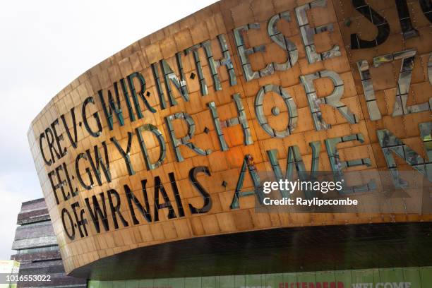 nahaufnahme von der 2 meter hohen schriftzug von the millennium centre. es wurde gebaut, um die vielfalt der walisischen kultur zu feiern. - cardiff bay stock-fotos und bilder