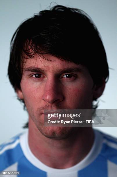 Lionel Messi of Argentina poses during the official FIFA World Cup 2010 portrait session on June 5, 2010 in Pretoria, South Africa.