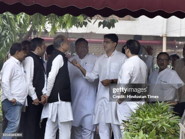 Congress Party leaders Ashok Gehlot, Sachin Pilot, Avinash Pandey and others after meeting the Election Commission of India, on August 14, 2018 in...