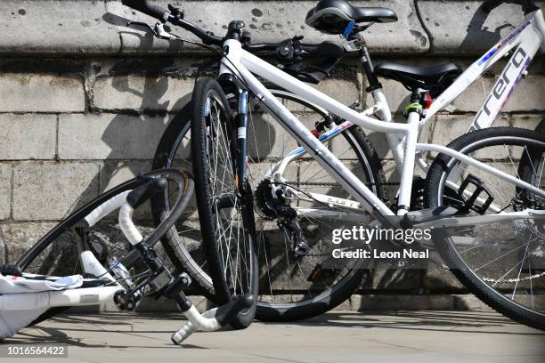 Damaged bikes near the crash site, after a vehicle crashed into security barriers, injuring a number of pedestrians, early this morning, outside the...