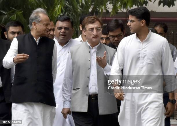 Congress Party leaders Ashok Gehlot, Vivek Tankha, Sachin Pilot, Avinash Pandey and others leave after meeting the Election Commission of India, on...