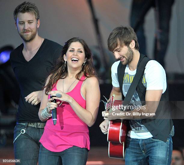 Singers Charles Kelley, Hillary Scott and Dave Haywood of the group Lady Antebellum performs in Concert at San Manuel Amphitheater on June 5, 2010 in...