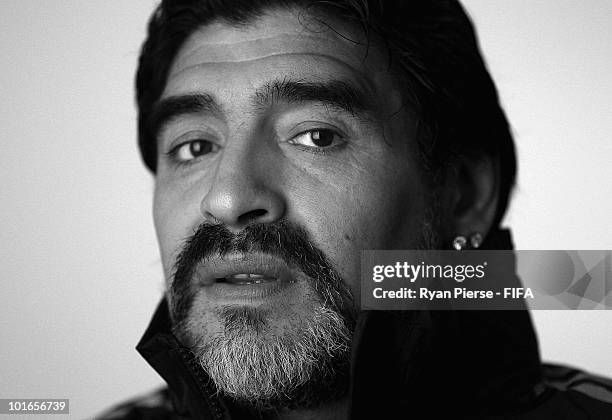 Diego Maradona, coach of Argentina, poses during the official FIFA World Cup 2010 portrait session on June 5, 2010 in Pretoria, South Africa.