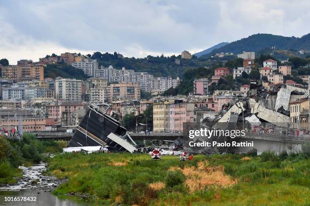 General view of the Morandi bridge which collapsed on August 14, 2018 in Genoa, Italy. At at least 22 people have died when a large section of...