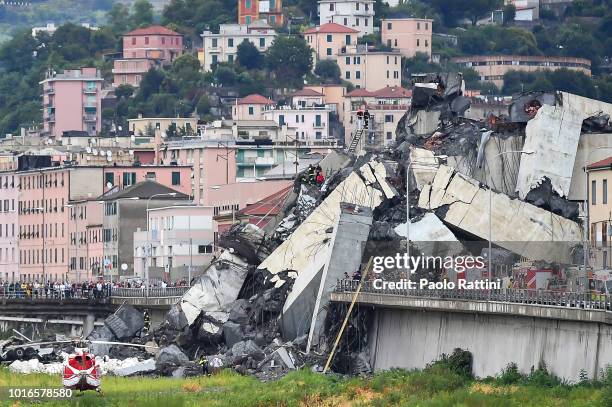 General view of the Morandi bridge which collapsed on August 14, 2018 in Genoa, Italy. At at least 22 people have died when a large section of...