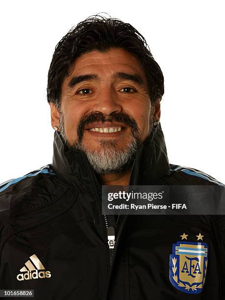 Head Coach of Argentina Diego Maradona poses during the official FIFA World Cup 2010 portrait session on June 5, 2010 in Pretoria, South Africa.