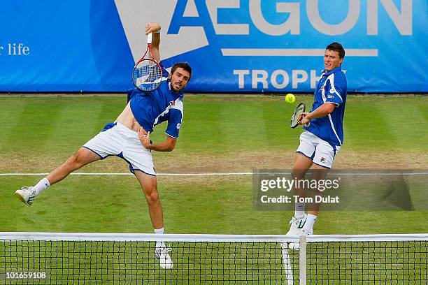 Ken Skupski and Colin Fleming of Great Britain in action during the men's doubles final match between Ken Skupski and C olin Fleming of Great Britain...