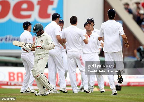 Mohammad Ashraful of Bangladesh walks of after his dismissal on day three of the 2nd npower Test between England and Bangladesh at Old Trafford on...